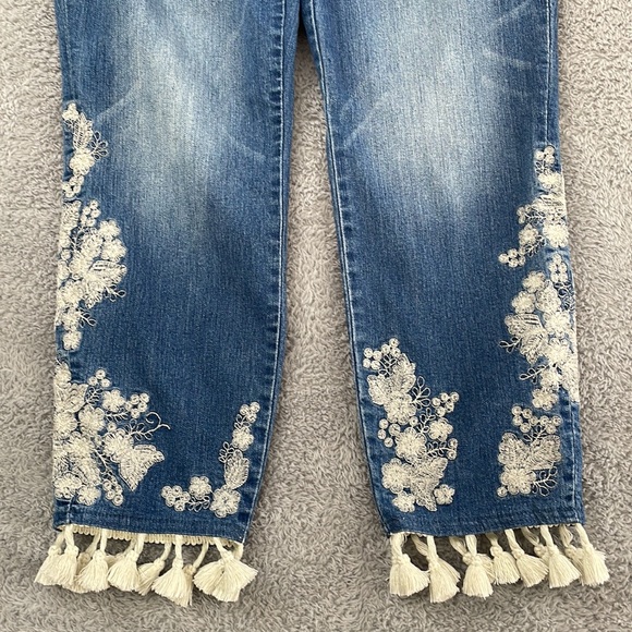 Vintage America Jeans Women's 10P Boho Capri Tassels Embroidery Cottagecore Blue - Picture 5 of 16